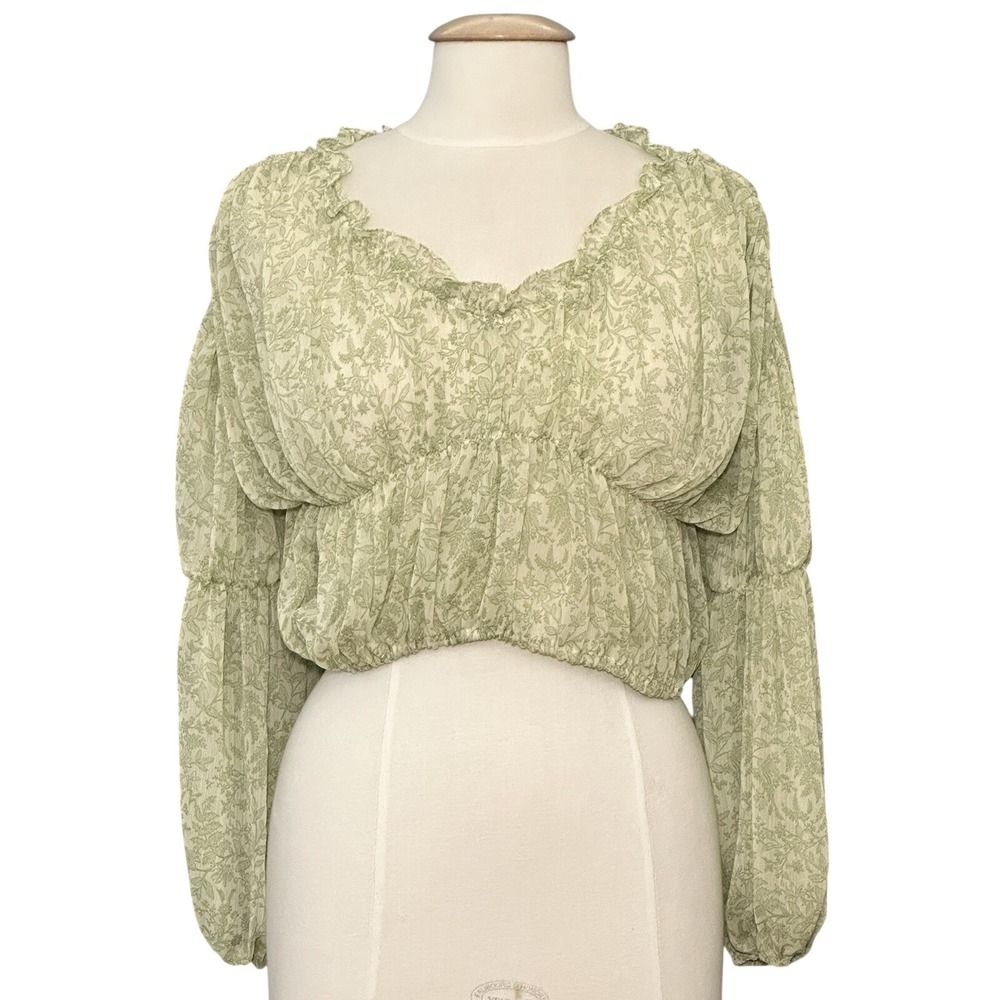 Boho Cottagecore Womens Top S Sage Green Sheer Floral Peasant Fairy Soft Girl